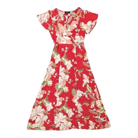Lulus Coral Tropical Floral Short Sleeve Wrap Maxi Dress M - Picture 10 of 12